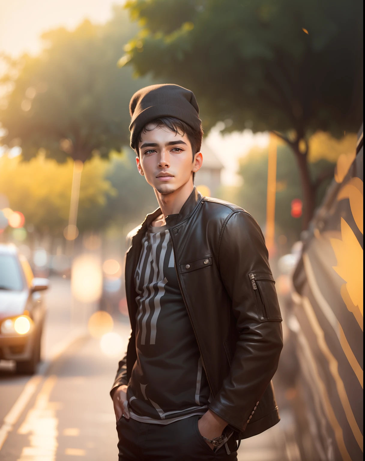 Handsome boy realistic face. Bokeh background