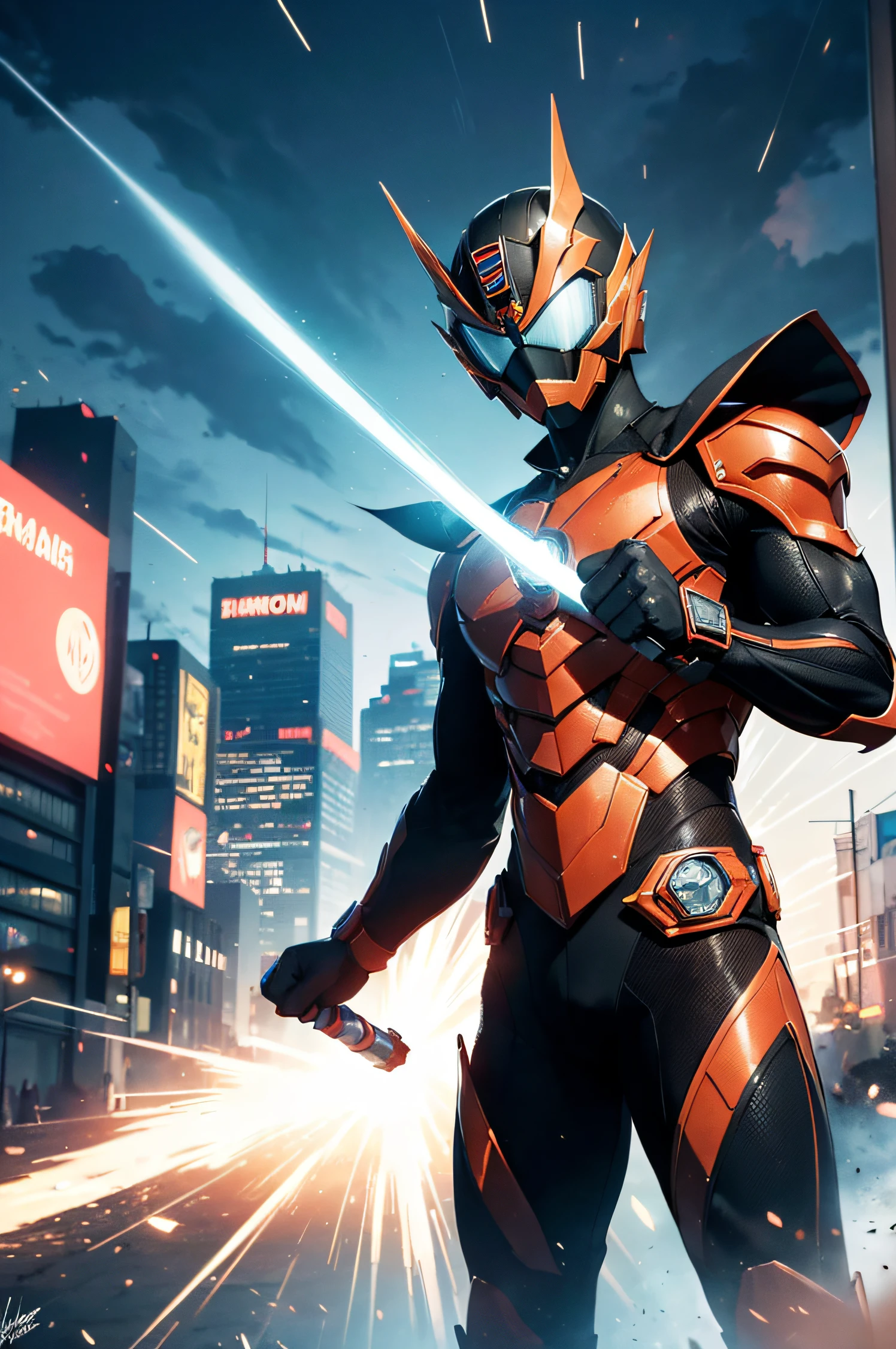 >(best quality,4k,8k,highres,masterpiece:1.2),ultra-detailed,(realistic,photorealistic,photo-realistic:1.37),kamen rider,masked rider,kamen rider transformations,kamen rider belt,heroic figure,motorcycle rider,black and red armor,battle pose,action-packed scene,city skyline,explosions,dark colors,combining powers,superhuman strength,high-tech weaponry,lightning effects,slashing motion,signature catchphrase,defending justice,dynamic composition,motion blur,gritty atmosphere,powerful kicks,supercharged energy,emblem on chest,accelerated movements,animated motion lines,blazing trail of fire,time-traveling,protecting the innocent,fighting evil forces,special attacks,unyielding determination,unstoppable hero