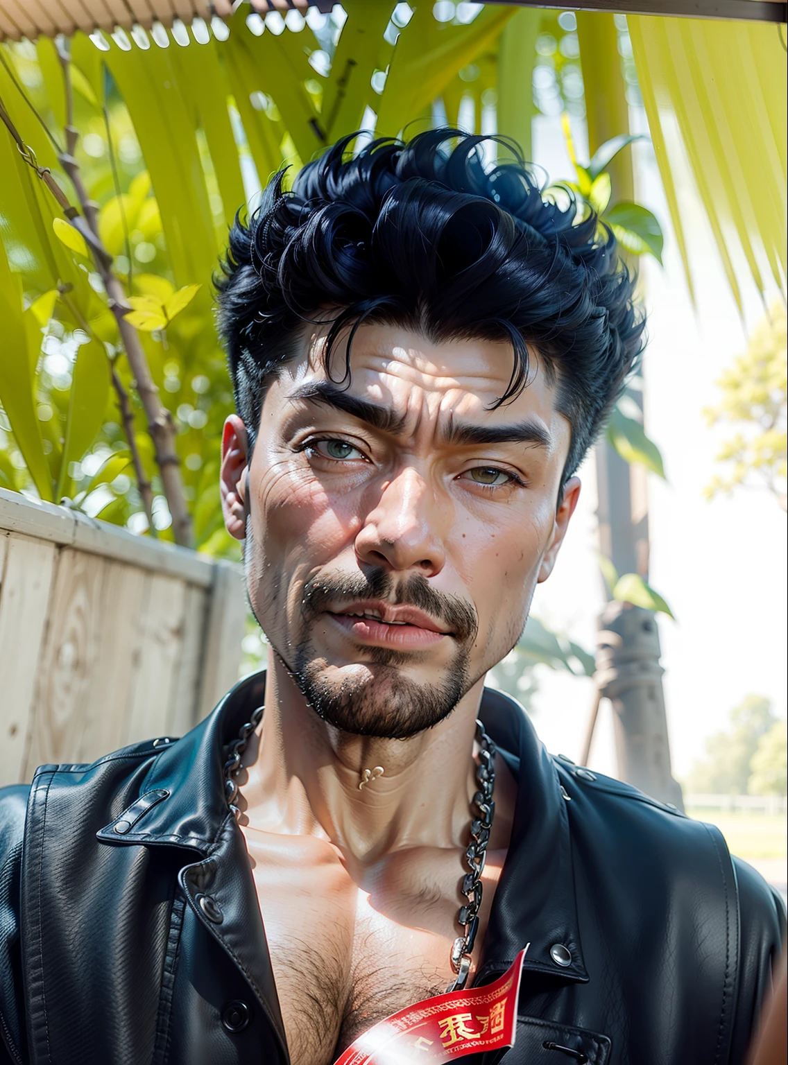 45-year-old middle-aged man,Man,uncles,Height 195,Asian people,sitting on a metal throne,God perspective,The eyes are about to face each other,Chinese men,musculature,Lift one foot,Wears a long black trench coat,Black socks,Black tall riding boots,wearing military shoes,Riding boots,army boots,massive boots,Ferocious and ferocious,Horse farm background,Horsewhip in hand
