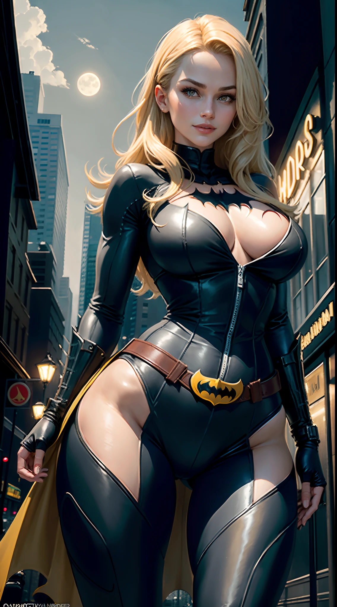 1girl, Full body, style of the Batwoman costume, big breasts, big butt, Yellow Batman Logo on Chest and the belt, masterpiece, best quality, detailed skin texture, detailed cloth texture, beautiful detailed face, intricate details, ultra detailed, Blonde hairstyle,  Smile, Dynamic pose,  (on the night street Gotham city), ((separate the legs wide)), bottom Engles, from behind, ( full moon on the sky), (Best quality, A high resolution, Photorealistic, primitive, 8K,Masterpiece, ),Best quality, Masterpiec8K.hdr. High ribs:1.2, filmgrain, Blur bokeh:1.2, Lens flare, (vivd colour:1.2), (Delicate),