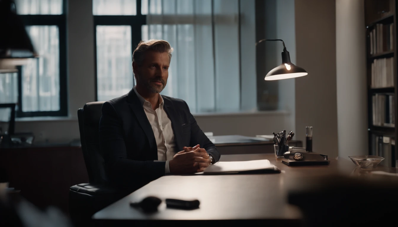 ((beste-Qualit, 8K, tmasterpiece :1.3)), A business man sits in an office, and speaks to his interlocutor, without showing your hand
