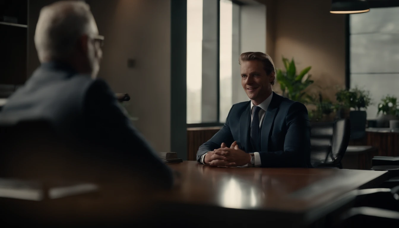 ((beste-Qualit, 8K, tmasterpiece :1.3)), A business man sits in an office, and speaks to his interlocutor, without showing your hand