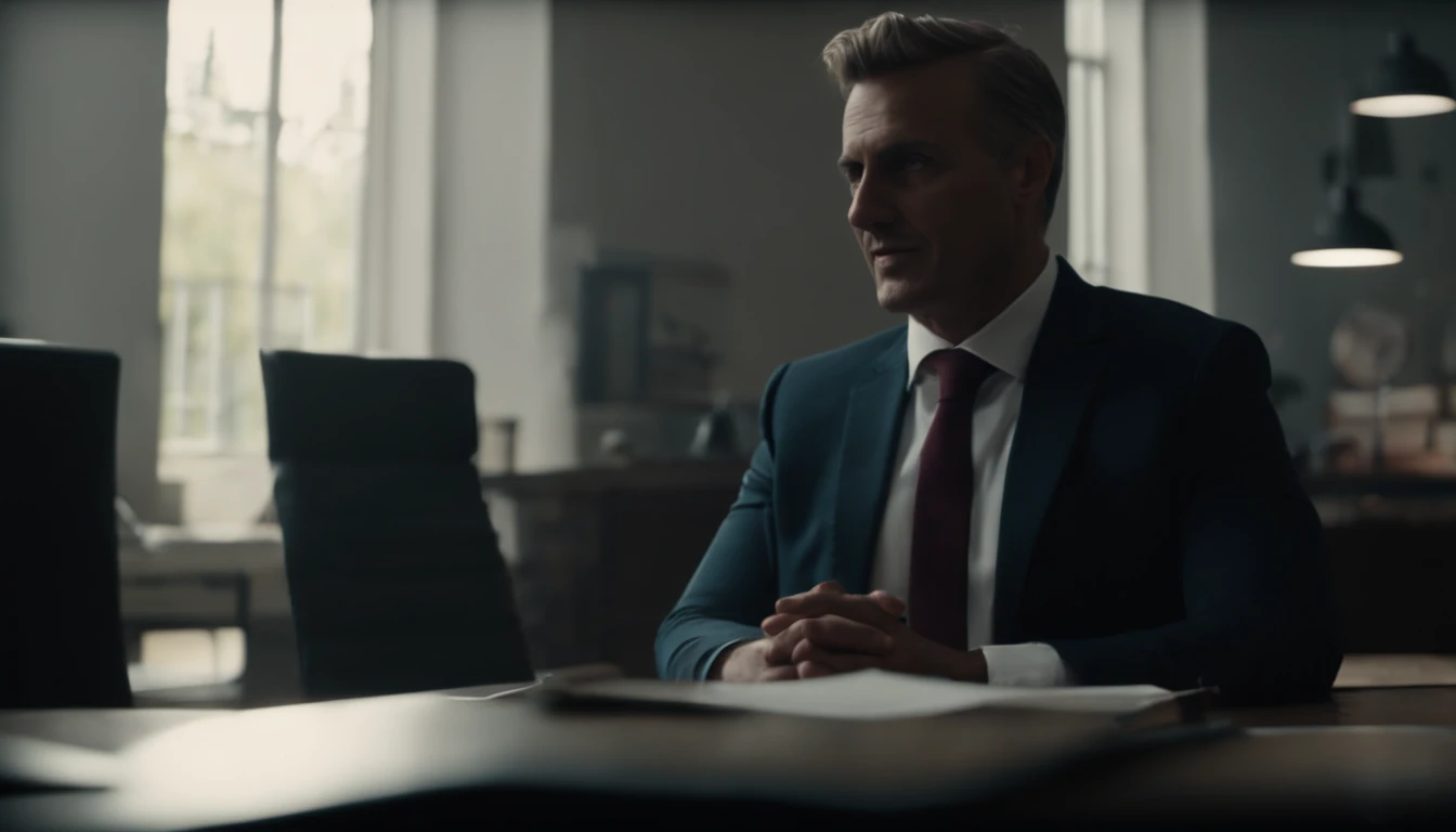 ((beste-Qualit, 8K, tmasterpiece :1.3)), A business man sits in an office, and speaks to his interlocutor, without showing your hand