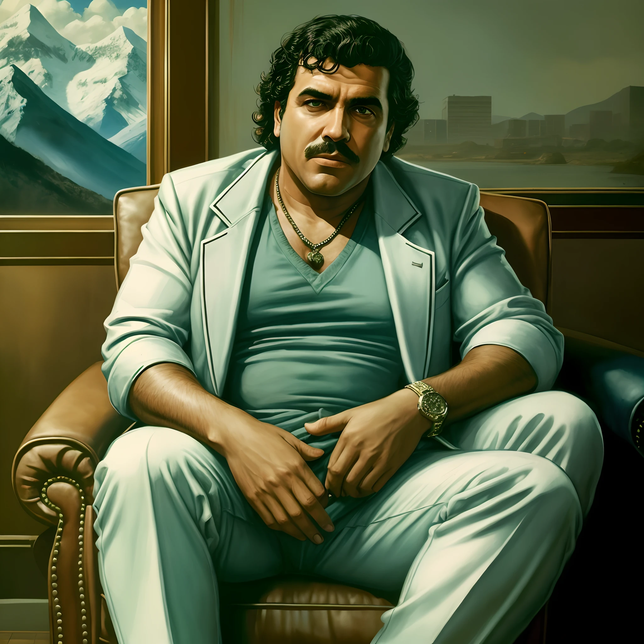 pintura de um homem sentado em uma cadeira com uma montanha ao fundo, Martin Ansin, Retrato da obra, Estilo de GTA V obras de arte, Epic portrait illustration, fan art, Mogul Khan, Directed by: John La Gatta, inspirado em F Scott Hess, Arte de Pedro Bell, Directed by: Eddie Mendoza, inspirado em F. Scott Hess, Directed by: Dave Arredondo, Directed by: Randy Gallegos