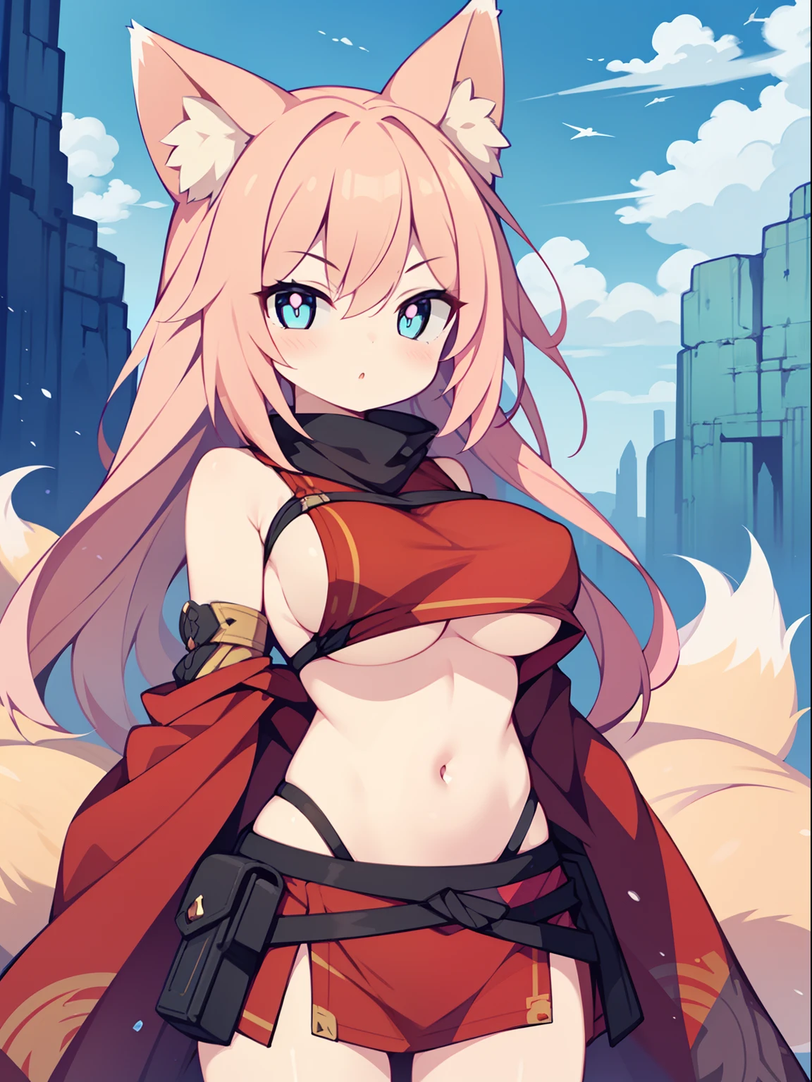 (1girl in:1.2), (Solo:1.2), masutepiece, nffsw、Shaders、Brilliant Textured Work、Ultra-detailed eyes、ultra-intricate pupil in eyes、top-quality、Pink hair、surprisingly long hair、Standing Picture、Ninja clothes、large full breasts、Arms crossed、Fox ears、valley、Navel、underboob、Red long muffler、Golden strip、
