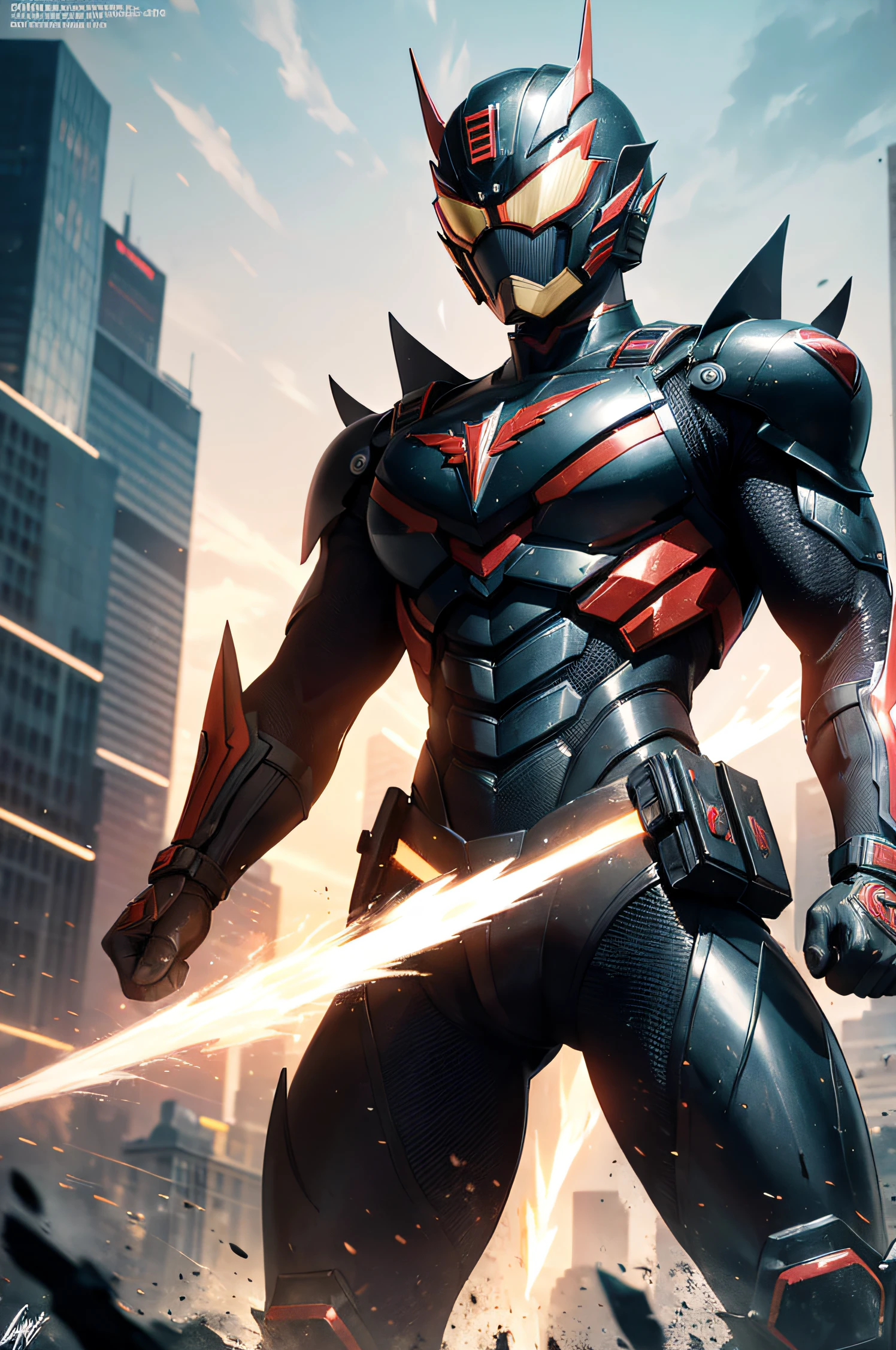 >(best quality,4k,8k,highres,masterpiece:1.2),ultra-detailed,(realistic,photorealistic,photo-realistic:1.37),kamen rider,masked rider,kamen rider transformations,kamen rider belt,heroic figure,motorcycle rider,black and red armor,battle pose,action-packed scene,city skyline,explosions,dark colors,combining powers,superhuman strength,high-tech weaponry,lightning effects,slashing motion,signature catchphrase,defending justice,dynamic composition,motion blur,gritty atmosphere,powerful kicks,supercharged energy,emblem on chest,accelerated movements,animated motion lines,blazing trail of fire,time-traveling,protecting the innocent,fighting evil forces,special attacks,unyielding determination,unstoppable hero