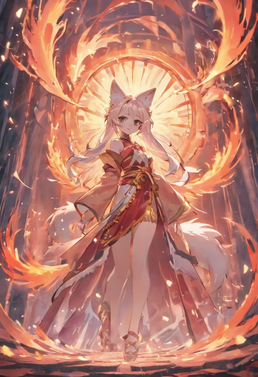 Kitsune, Nine tailed fox, with nine tails, white fur,
pink eyes, standing in front of a beautiful girland
a forest background. Chinese mythology,
Ethereal Fantasy, Epic Composition, Tencent
En.tertainment Art,with wide - angle lenses,
details, big scenes, stunning movie visuals
myths.exquisite details, very detailed, Gorgeous
details, a plethora of details, composition art,
cinematic lighting, perfect texture, high -
resolution, high - definition, photo realistic, movie
effects.game original, stills, Xianxia style, 4K,--ar
16:9