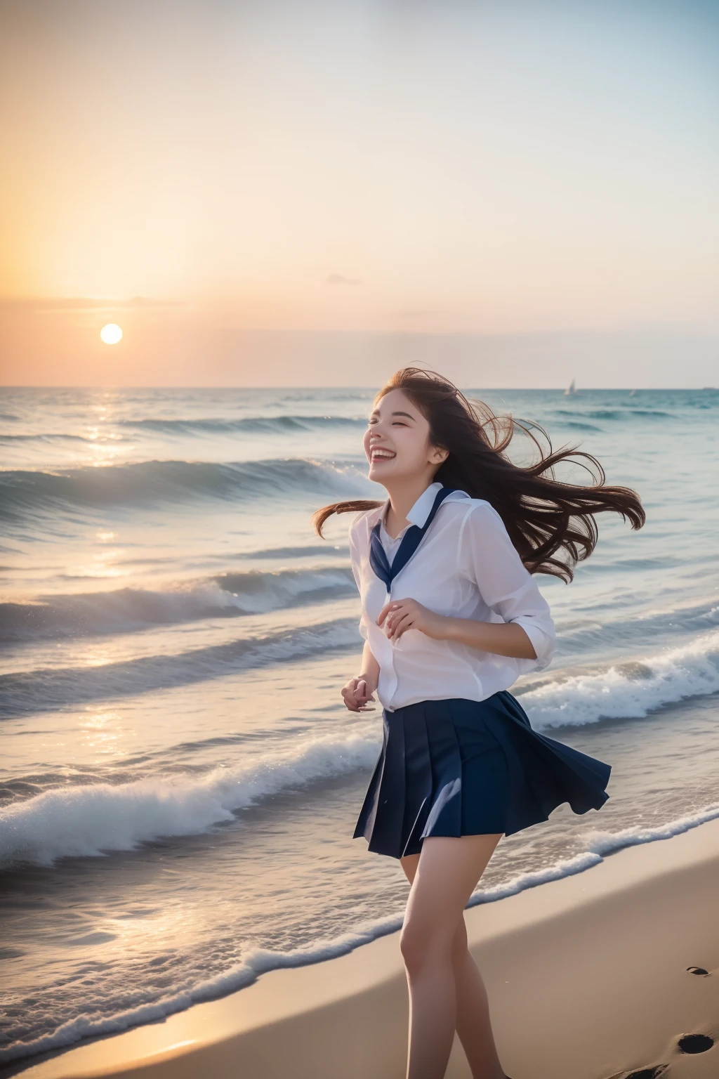 (top-quality、8K、32K、​masterpiece）Beautuful Women、in school uniform、Sunset,sea side、Hair fluttering in the wind、Walking along the sandy beach、Facing the front、Laughing