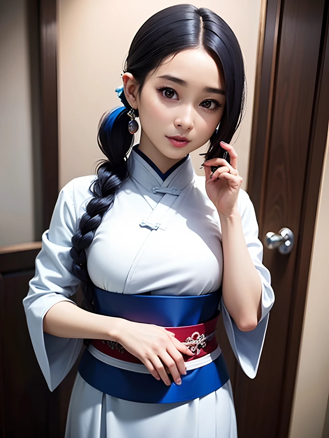 araffe asian woman in a white top and blue skirt, goddess of Japan, with glasses, gorgeous chinese model, in a kimono, Anime girl cosplay, Traditional beauty, traditional japanese, Palace , a girl in hanfu, Realistic Young Gravure Idol, japanese model, shrine maiden, Young Sensual Gravure Idol, seductive anime girls, 奈良美智