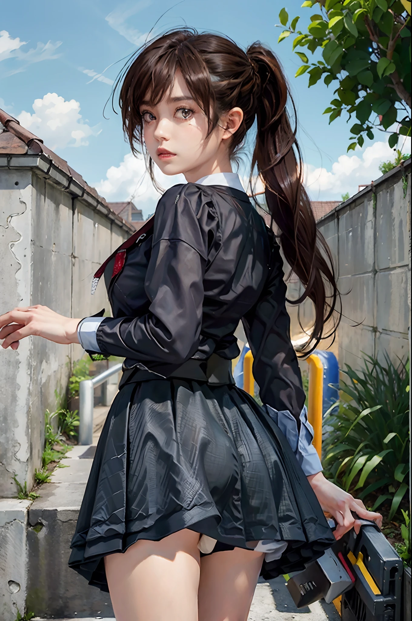 1girl, ponytail, long hair, fence, building, day, brown hair, looking at viewer, skirt, brick wall, sky, solo, outdoors, chain-link fence, bangs, looking back, tree, ass, blue sky, stairs, sidelocks, cloud, black skirt, breasts, stone wall, long sleeves, thighs, brown eyes, blush, from behind, parted lips, school uniform
