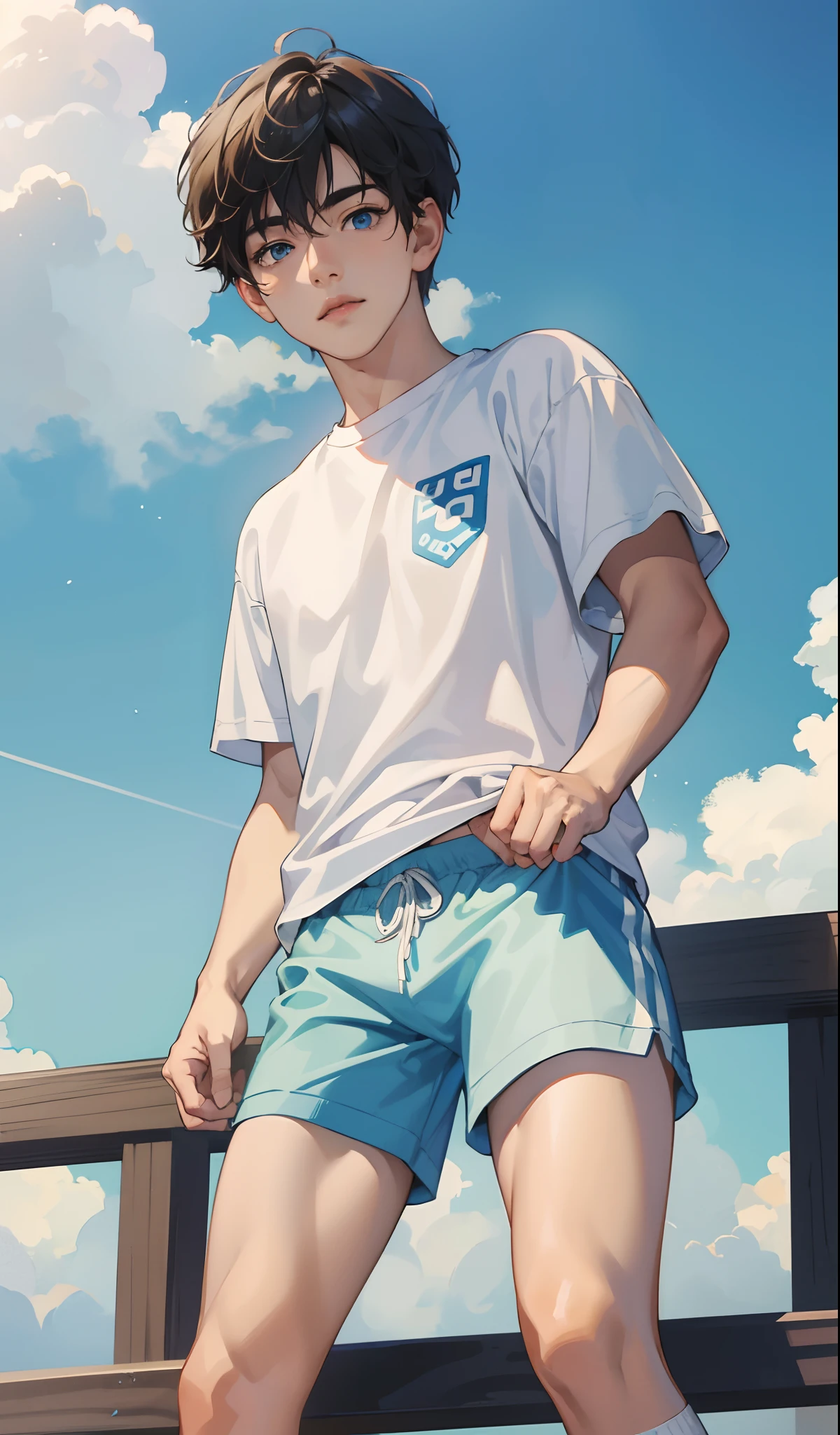 (absurd, highres, ultra detail),((masterpiece)), ((best quality:1.1)), High Resolution, 8k,1boy, (crotch bump:1.1), face shade, (white crew socks:1.1), ( white striped socks: 1.2), no-show socks, invisible socks, toes under socks, shorts, seamless socks, (blown :0.8), (from below:1.1), blue eyes, looking at viewer, short hair, face, hands on knees, athlete, standing, anime style, look