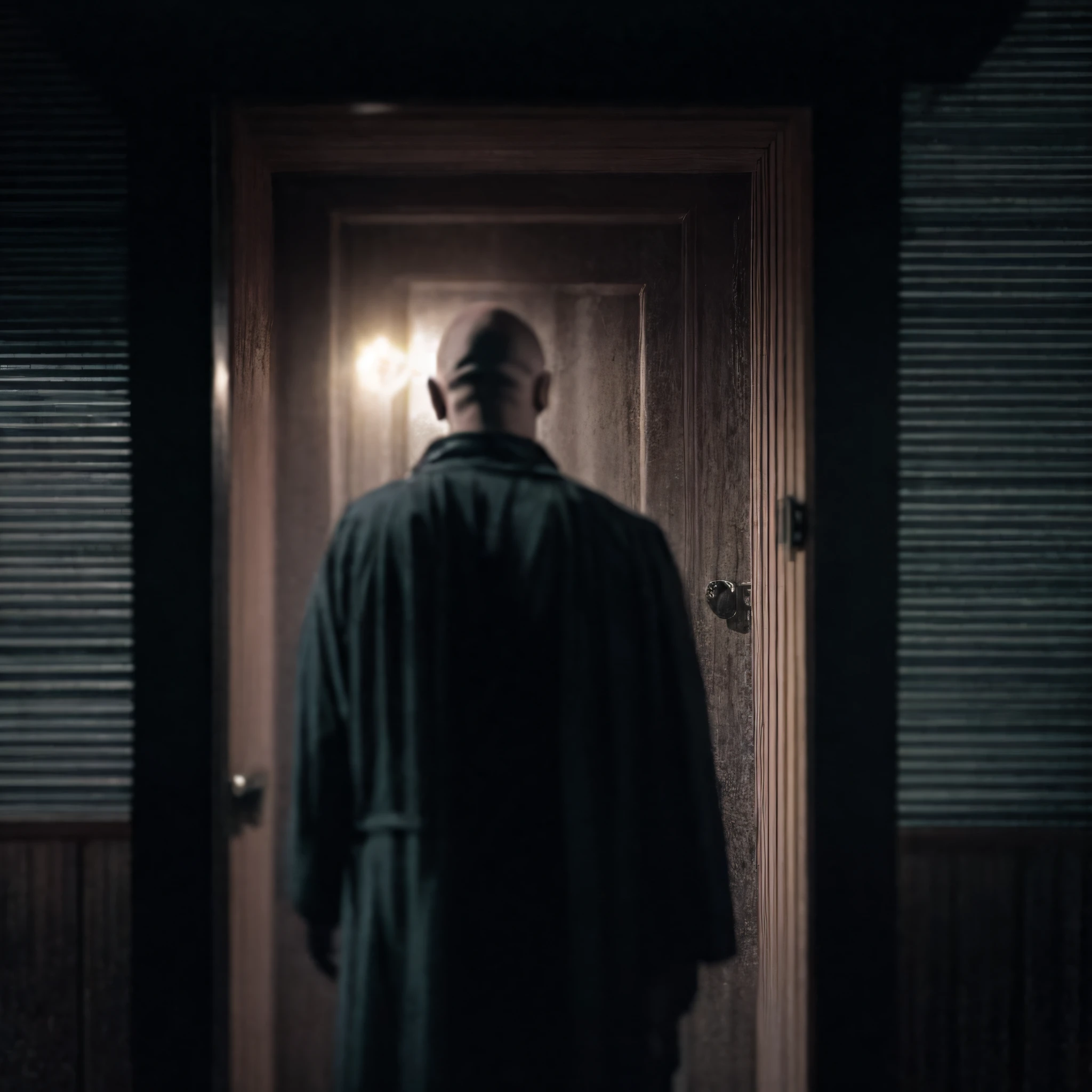 Horror movie shoots a creepy man,No hair bald head, ,,Back Shadow,,Wearing a dirty black robe,Standing alone at the door of the house at night, the rule of thirds, Tonal color scheme, pastel green, Contemplative silence, Bokeh, Mystery, Horror, unholy, eerie, Creepy, Moody lighting, In the style of Denis Villeneuve, cinematic Film still from, cine still 800