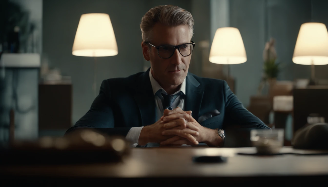 ((beste-Qualit, 8K, tmasterpiece :1.3)), A business man sits in an office, and speaks to his interlocutor, with normal hands, where 5 fingers