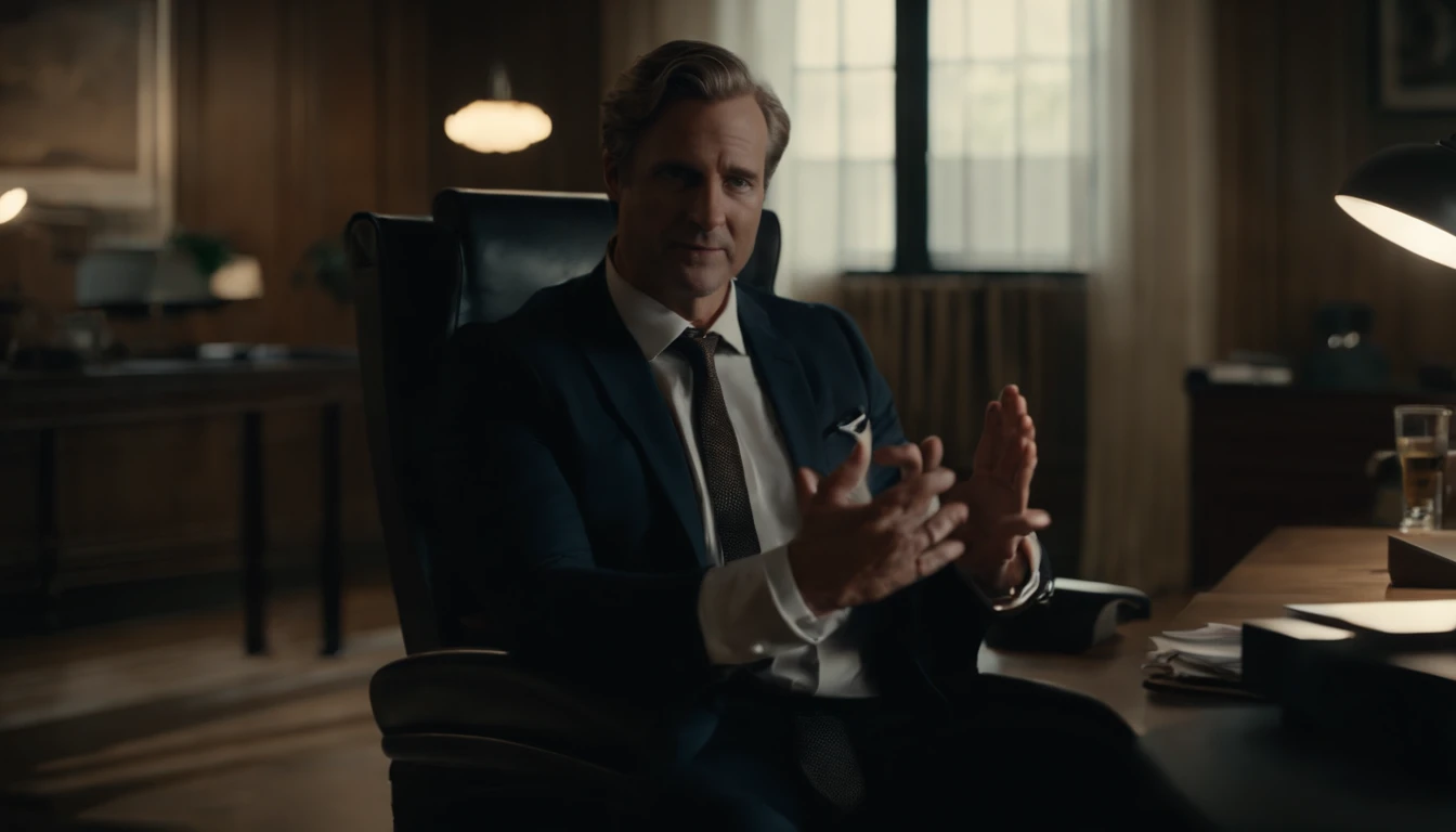 ((beste-Qualit, 8K, tmasterpiece :1.3)), A business man sits in an office, and speaks to his interlocutor, with normal hands, where 5 fingers