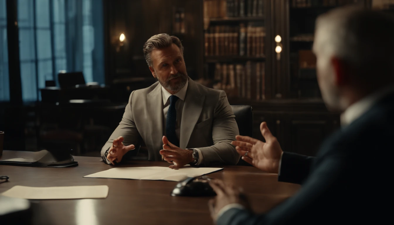 ((beste-Qualit, 8K, tmasterpiece :1.3)), A business man sits in an office, and speaks to his interlocutor, with normal hands, where 5 fingers