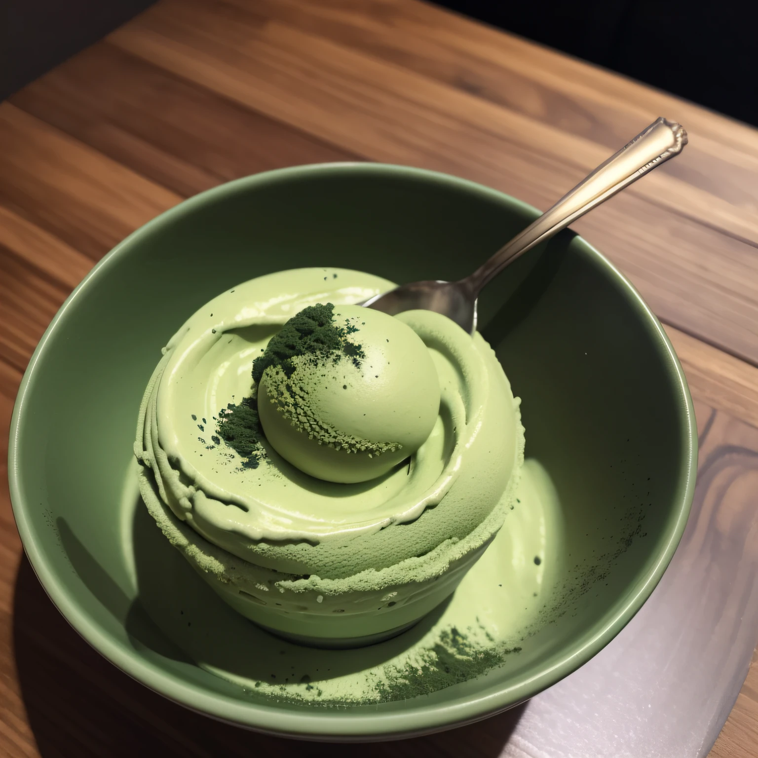 (Masterpiece), (Best Quality), Deep green matcha ice cream, Matcha ice cream topped with matcha powder, Elegant vessel and spoon,