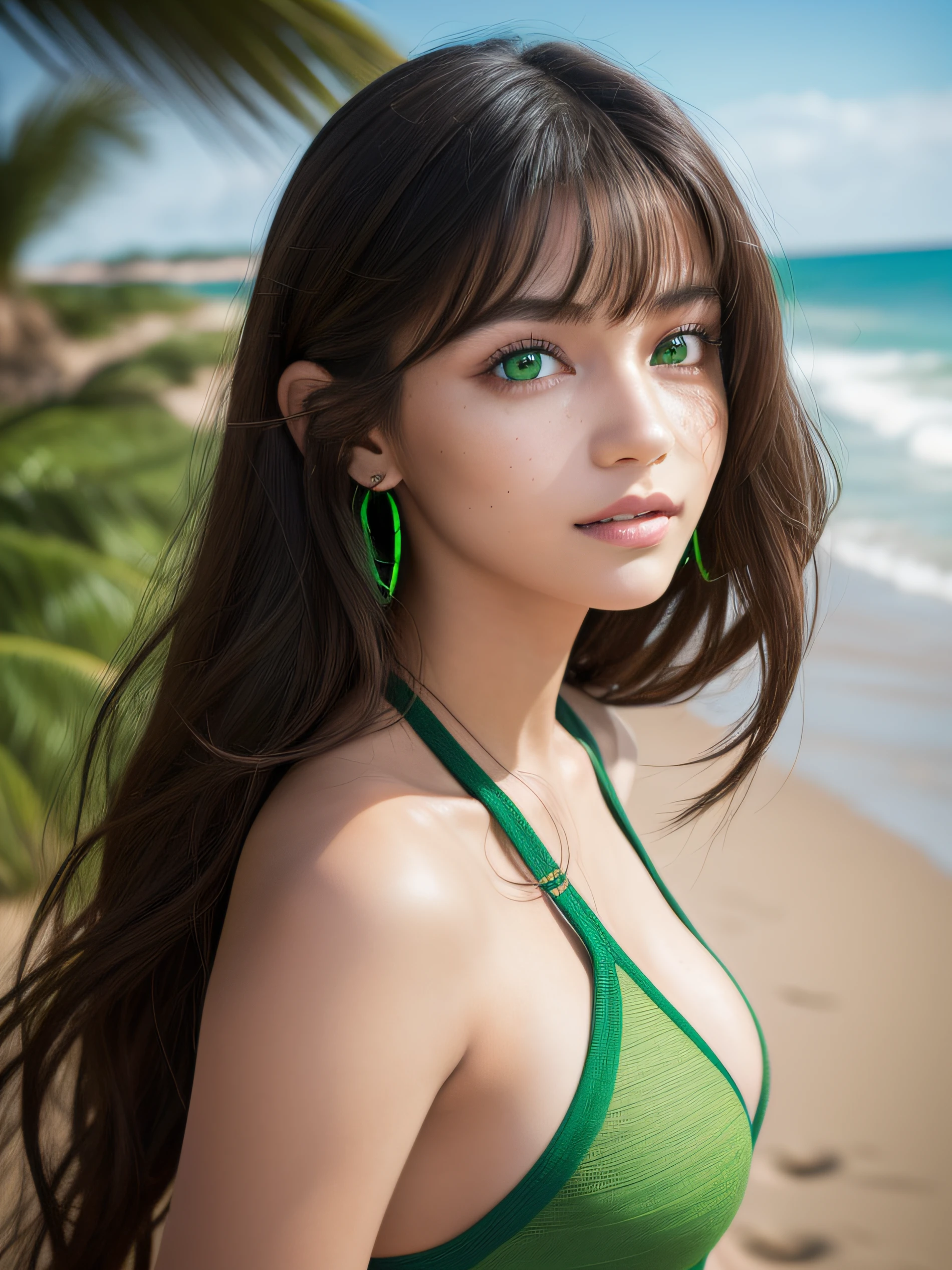 'Chani' from Dune, with super long black curly hair and bright (((glowing Green eyes))) is taking a picture, gorgeous young model, Portrait Zendaya, beautiful female model, an American Girl, freckles, cute young woman, a sexy grin, Very beautiful bangs、Very beautiful young woman, portrait of a beautiful model, Beautiful young girl, Beautiful young woman, a photography of a beautiful woman, face perfect, 40-year-old female model, Beautiful young face, Beautiful brunette girl, daylight, day, Ocean, beach, Pictish, vector
