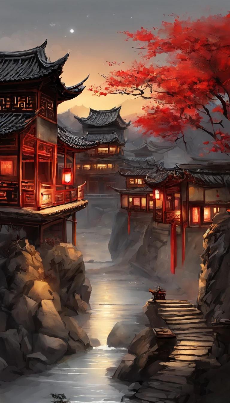 Chinese landscape painting,ink and watercolor painting,water ink,ink,Smudge,Faraway view,Ultra-wide viewing angle,Meticulous,Night view of ancient Chinese town,Old town street,Stone paved stone paths,There are some pedestrians,loft,Multiple red lanterns,Small arch bridge,In the distance is a tall pagoda,The vista is a mountain,(The night sky in the distance is a round full moon),Starcloud,Moonlight shines through the clouds on the ancient town,(8k wallpaper),(light and shadow effect),Dingdall effect,rendering by octane,White balance design,Extremely detailed picture depiction,light particules,wide angles,depth of fields,tmasterpiece,realisticlying,Beautifully depicted,A detailed,acurate,Works of masters,tmasterpiece