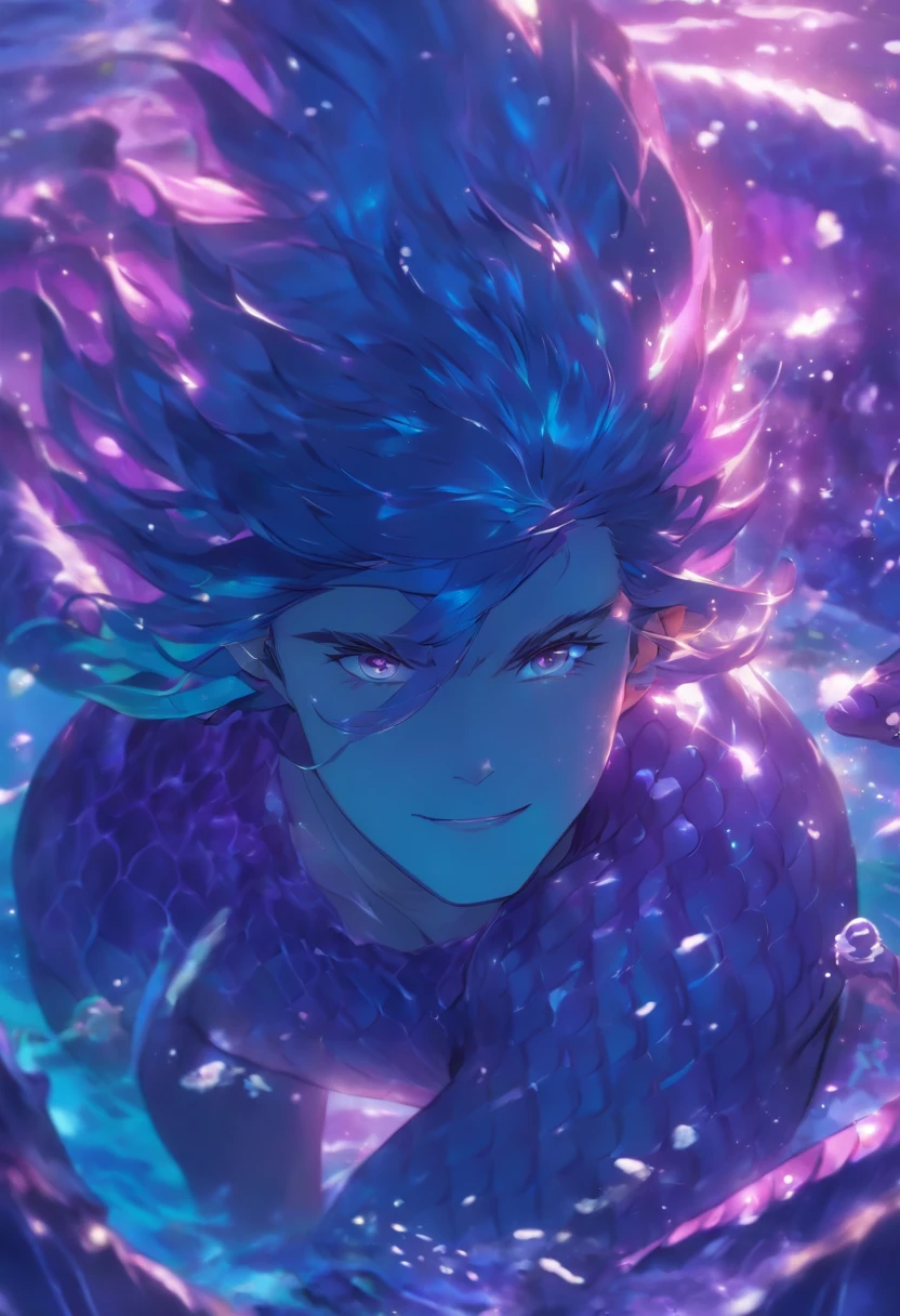 A young male Chinese merman is depicted in anime style, with beautiful small aqua ear fin, fins on limbs, purple mermaid tail with purple long hair and purple eyes, wearing purple clothes, cling to the bottom of giant steel ship, DelicateFace