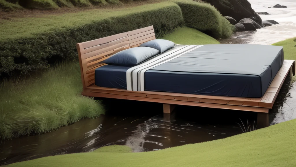 It generates an image of a conventional bed with sheets and pillow that has been placed on the grass next to the coast of a little torrential stream. The image inspires when sleeping in that bed and it is a very relaxing situation.
