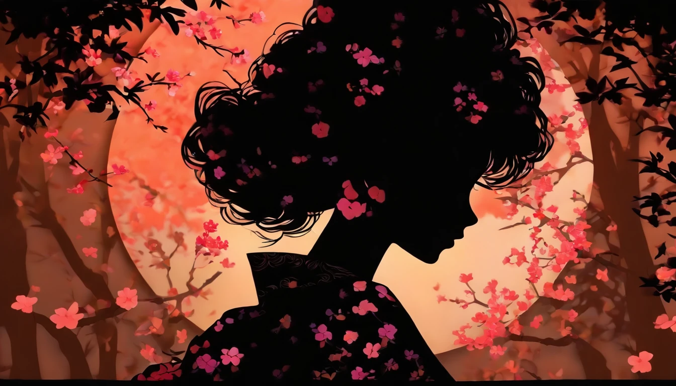 (Silhouette Art,cutouts:1.6)
(((Paper cutting art,A world where only black exists:1.3)
(Cowboy Shot),1 girl,Solo,
(Kimono Girl,profile:1.2),white, Clear and beautiful face,
BREAK
(Single Pink Cherry Blossom Flower)
Textured glass background,
