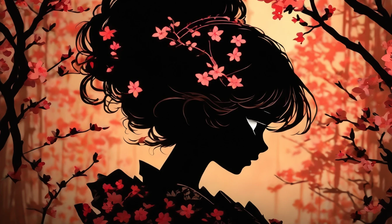 (Silhouette Art,cutouts:1.6)
(((Paper cutting art,A world where only black exists:1.3)

(Cowboy Shot),1 girl,Solo,
(Kimono Girl,profile:1.2),white, Clear and beautiful face,

BREAK
(Single Pink Cherry Blossom Flower)
Textured glass background,