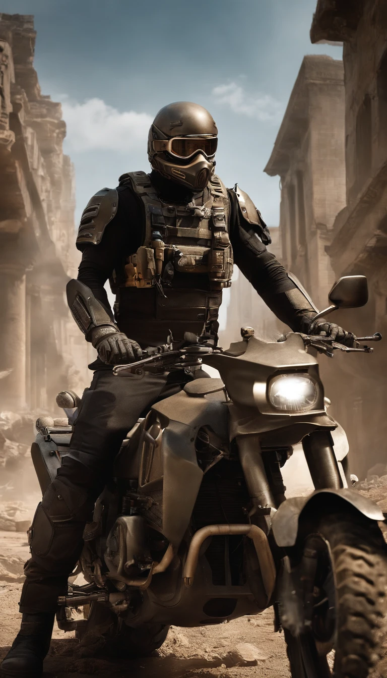 Un perro  monta una motocicleta mecha，cara encantadora，Usando armadura de batalla，Wear tactical goggles，Machine gun artillery on motorcycles，Jump through a ruined city，La escena es grandiosa，La imagen es HD，The visual sense of the film，4k