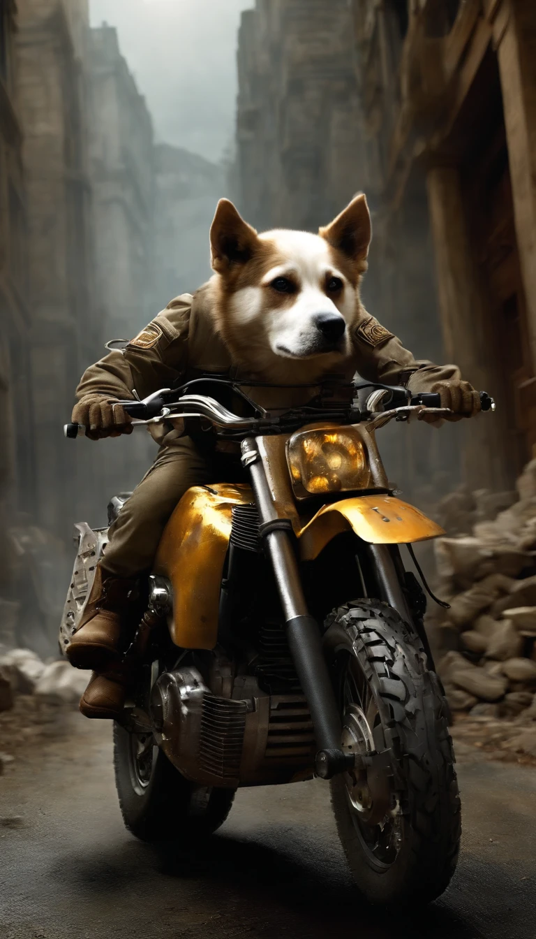 Un perro  monta una motocicleta mecha，cara encantadora，Usando armadura de batalla，Wear tactical goggles，Machine gun artillery on motorcycles，Jump through a ruined city，La escena es grandiosa，La imagen es HD，The visual sense of the film，4k