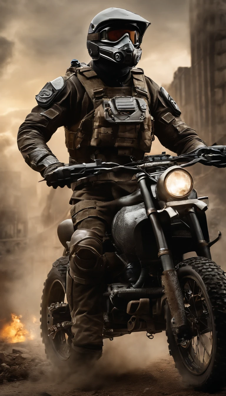 Un perro monta una motocicleta mecha,cara encantadora,Usando armadura de batalla,Wear tactical goggles,Machine gun artillery on motorcycles,Jump through a ruined city,La escena es grandiosa,La imagen es HD,The visual sense of the film,4k