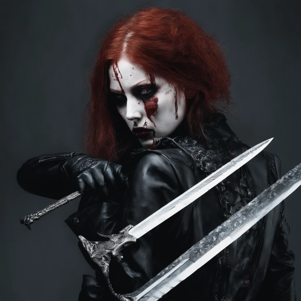Dangerous red-haired killer girl, Girl in black tight clothes, Short shorts, Tight jacket, belts, band-aid on the nose, 軽蔑, Beautiful Detail Face, hiquality,European Girl, Kneeling, missed a blow to the stomach, this, Surprised, blood from the mouth, The girl holds her hands on her stomach, The girl's arms wrap around her waist, Blood on his hands, blood on the abdomen, A wound for life, bullet wound to the abdomen, Strict facial features, Spicy makeup, The face of young Melinda Clark, villain