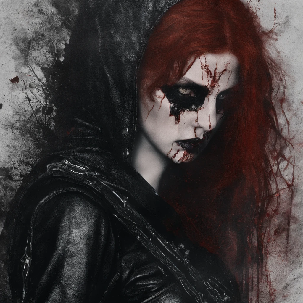 Dangerous red-haired killer girl, Girl in black tight clothes, Short shorts, Tight jacket, belts, band-aid on the nose, 軽蔑, Beautiful Detail Face, hiquality,European Girl, Kneeling, missed a blow to the stomach, this, Surprised, blood from the mouth, The girl holds her hands on her stomach, The girl's arms wrap around her waist, Blood on his hands, blood on the abdomen, A wound for life, bullet wound to the abdomen, Strict facial features, Spicy makeup, The face of young Melinda Clark, villain