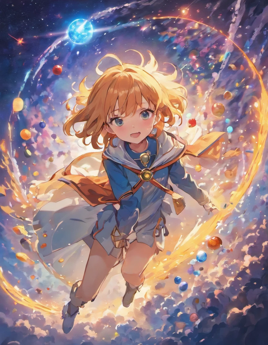A teenager dressed in an explorer's costume flies through the sky,Surrounded by a planet of various ingredients,There is a galaxy made up of noodles,A variety of vegetables surround it。The teenager holds the map,'s illustration。