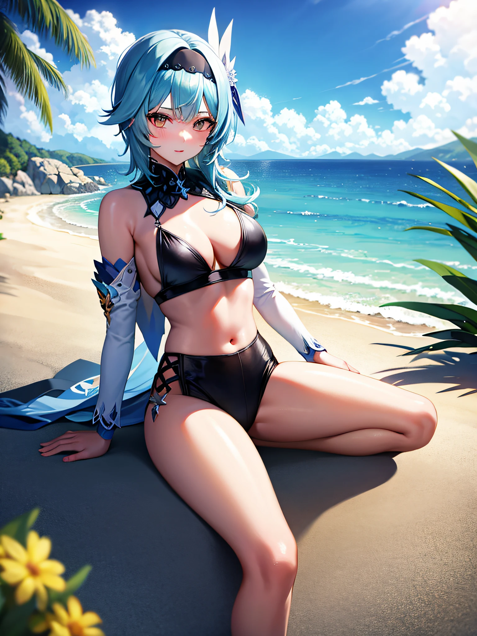 bikini en la playa, sentada en la arena