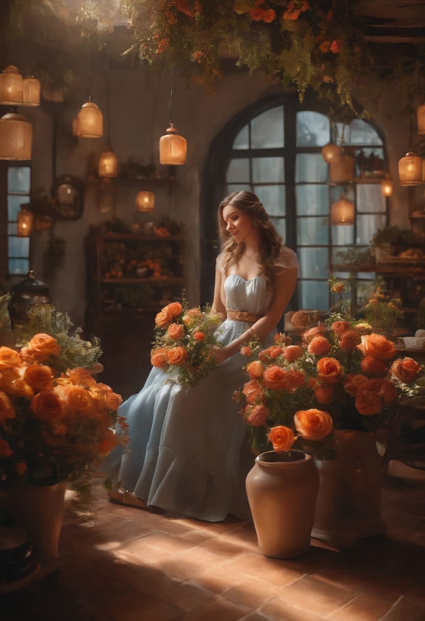 Waterfront interior,florals,Flower shop,adolable,inside in room,Idyllic,exalted,hoang lap,ultra-realistic realism,Textured,max detail,Slr,Cute girl with braids,There are dimples and a big smile,Wrapped in a bouquet of orange roses,Blue sky,Colorful flowers are displayed on the table floor,Very beautiful picture。