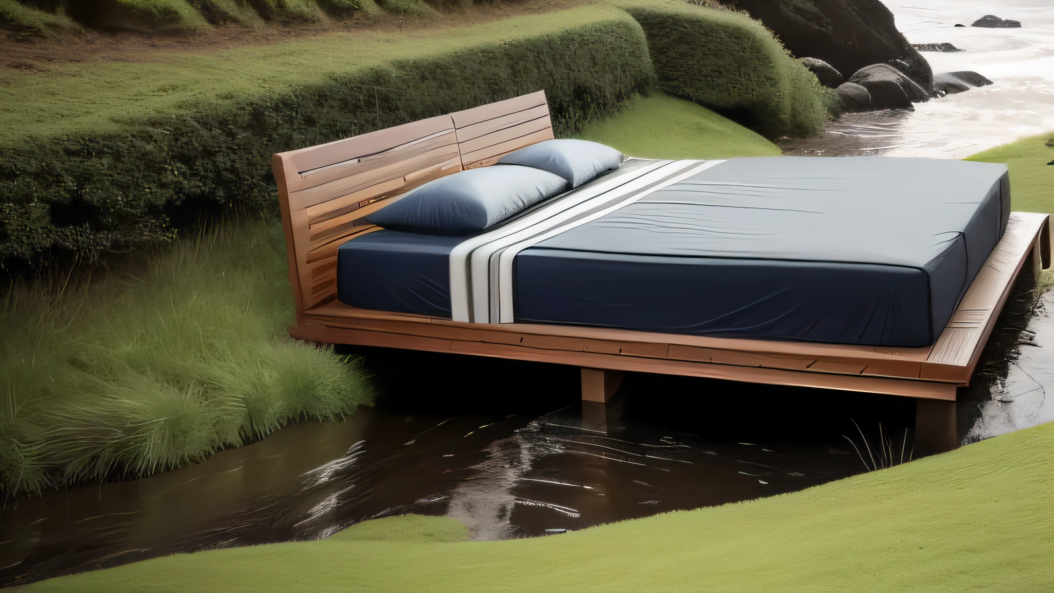 It generates an image of a conventional bed with sheets and pillow that has been placed on the grass next to the coast of a little torrential stream. The image inspires when sleeping in that bed and it is a very relaxing situation.