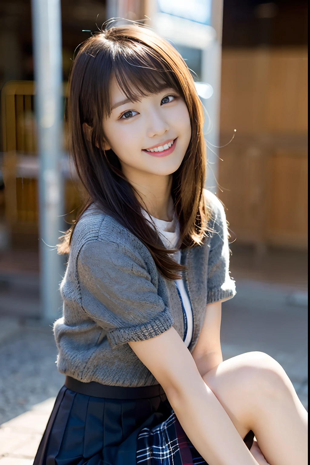 (8K、Raw photography、top-quality、masterpiece:1.2)、(realisitic、Photorealsitic:1.37)、ultra-detailliert、超A high resolution、1人、see the beholder、beautifull detailed face、A smile、Constriction、(Slim waist) :1.3)、Beautiful detailed skin、Skin Texture、Straight hair、Professional Lighting、Whole human body、Short hair、a blond、hi-school girl、School Grounds、Small breasts、Bob Hair、Happy smile、perspiring、(White panties:1.1)、(Sitting table:1.2)、(Facing the front)、(Low ponytail:1.1)、(Striped Knit Shirt:1.1)