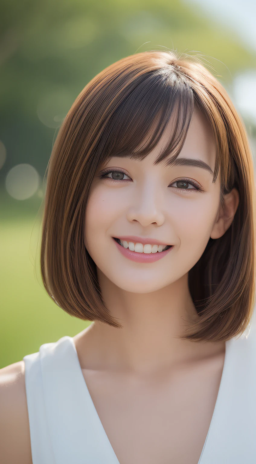 ((top-quality、8K、​masterpiece:1.3))、frontage、Beautuful Women、1girl in、Beautiful breasts:1.3、Slender Abs:1.1、doress、Angle from the front、Brown hair shorthair、hyperdetailed face、kindly smile、Almond Eye、With bangs、