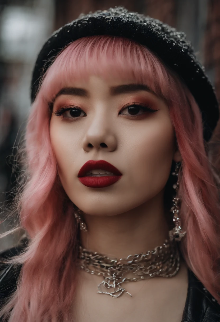A beautiful Korean girl，Long pink hair，Tattooed with，full bodyesbian，Wearing a punk collar，Wear a black sleeveless punk bandeau，Wear ultra-short punk hot pants，Wear Martin boots，Bad girl，s the perfect face，Put on light makeup，Wear a ruby ring，Cool and funky style，Rapper，Have on the street，Ultra photo realsisim，8K