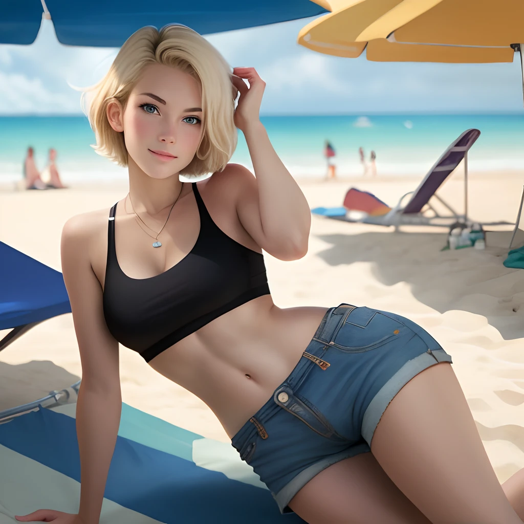 An American blonde girl with short hair，Wearing B-shorts on the beach，Pose seductively