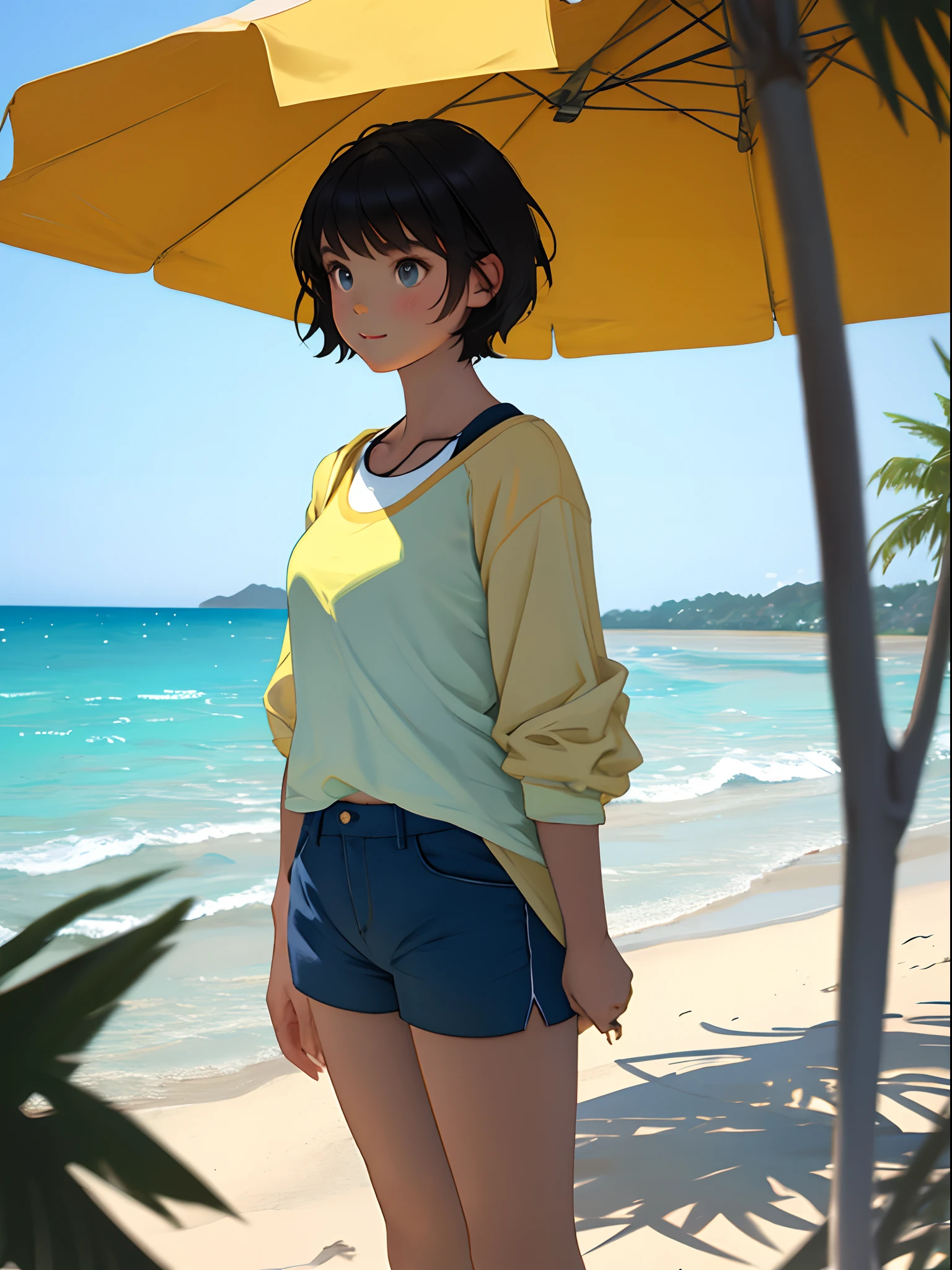 An American girl with short hair,Wearing super shorts on the beach