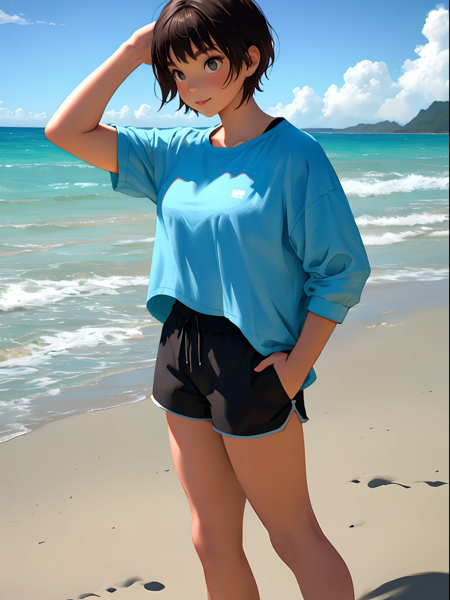 An American girl with short hair,Wearing super shorts on the beach