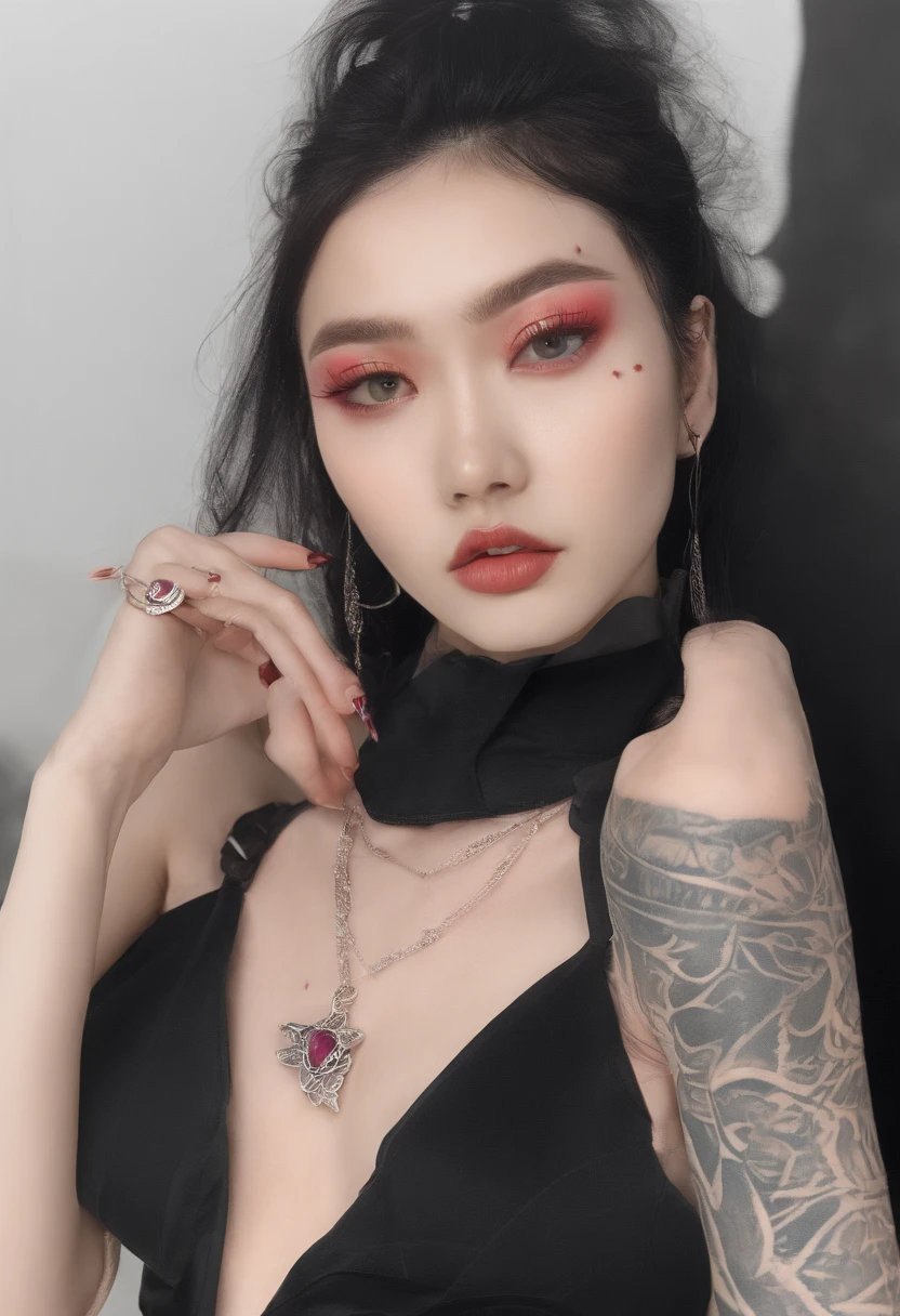 A beautiful Korean girl,Long pink hair,Tattooed with,full bodyesbian,Wearing a punk collar,Wear a black sleeveless punk bandeau,Wear ultra-short punk hot pants,Wear Martin boots,Bad girl,s the perfect face,Put on light makeup,Wear a ruby ring,Cool and funky style,Rapper,Have on the street,Ultra photo realsisim,8K