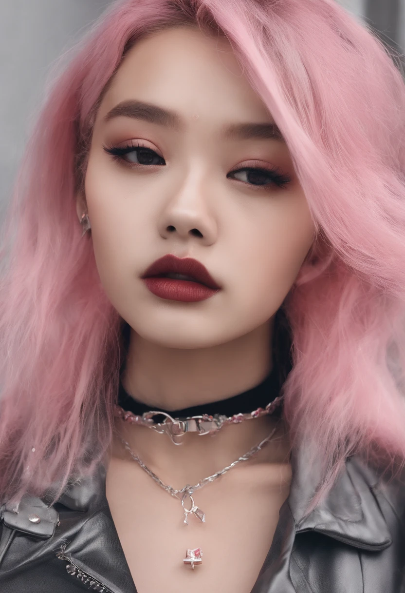 A beautiful Korean girl,Long pink hair,Tattooed with,full bodyesbian,Wearing a punk collar,Wear a black sleeveless punk bandeau,Wear ultra-short punk hot pants,Wear Martin boots,Bad girl,s the perfect face,Put on light makeup,Wear a ruby ring,Cool and funky style,Rapper,Have on the street,Ultra photo realsisim,8K