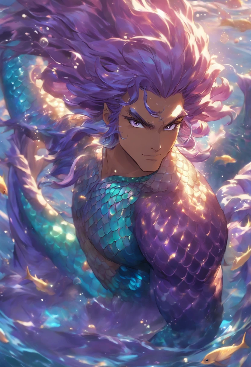 A mature male Chinese merman is depicted in anime style, with beautiful small aqua ear fin, fins on limbs, purple mermaid tail with purple long hair and purple eyes, wearing purple clothes, his right hand is holding a long golden spear