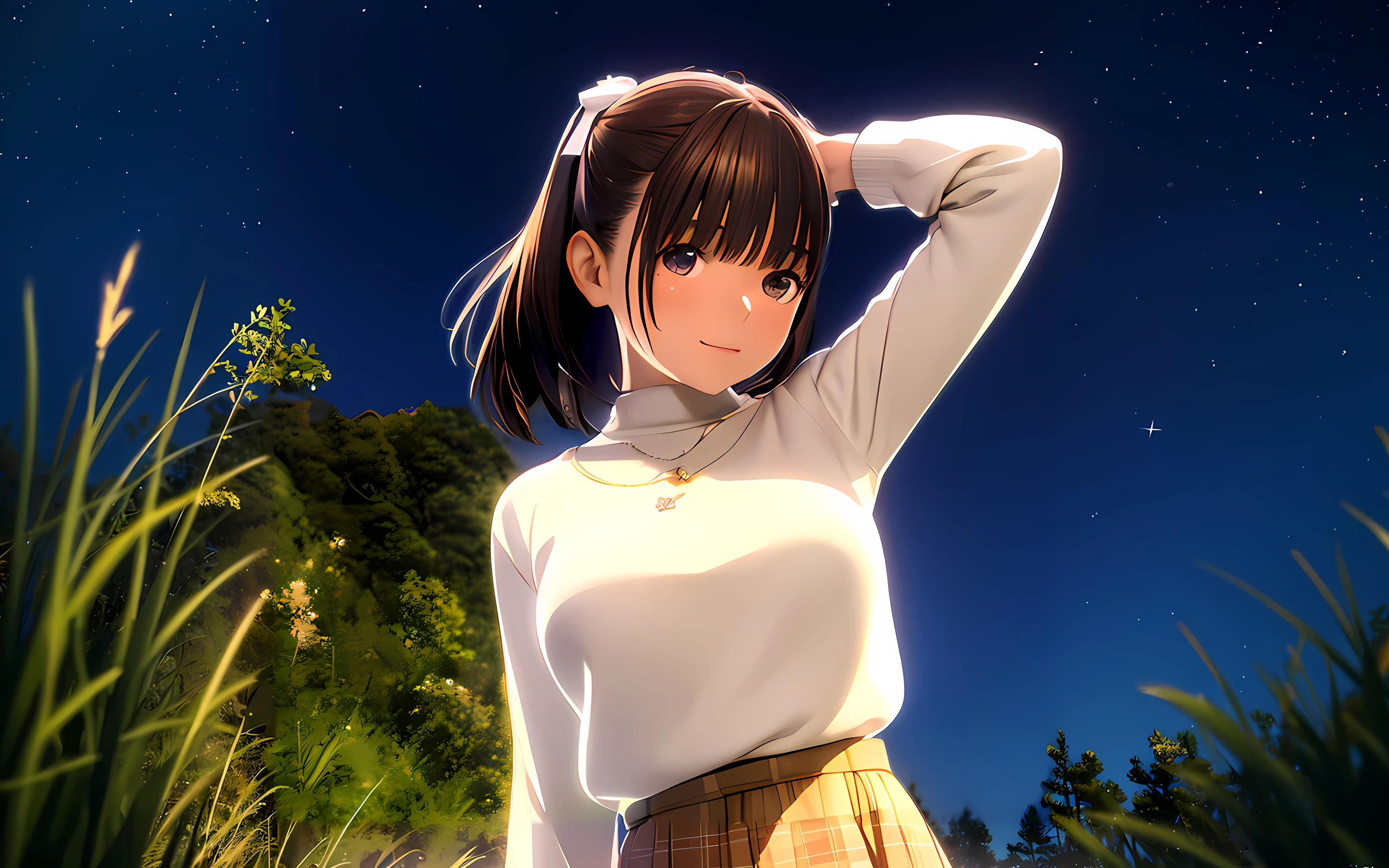 hight resolution,in 8K,Best Quality,detaileds,semi - realistic anime,Anime 3D Style,Smooth Anime CG,1 girl in,20 year old woman in Japan,slim,modeled,shiny chestnut hair,Medium Hair,Detailed face,Beautiful and detailed eyes,Glowing skin,((Large white sweater)),((Long skirt with brown plaid pattern)),a necklace,night sky full of stars,fullmoon,tall grass,Autumn steppe,Woman looking up at the sky,Angle from the side
