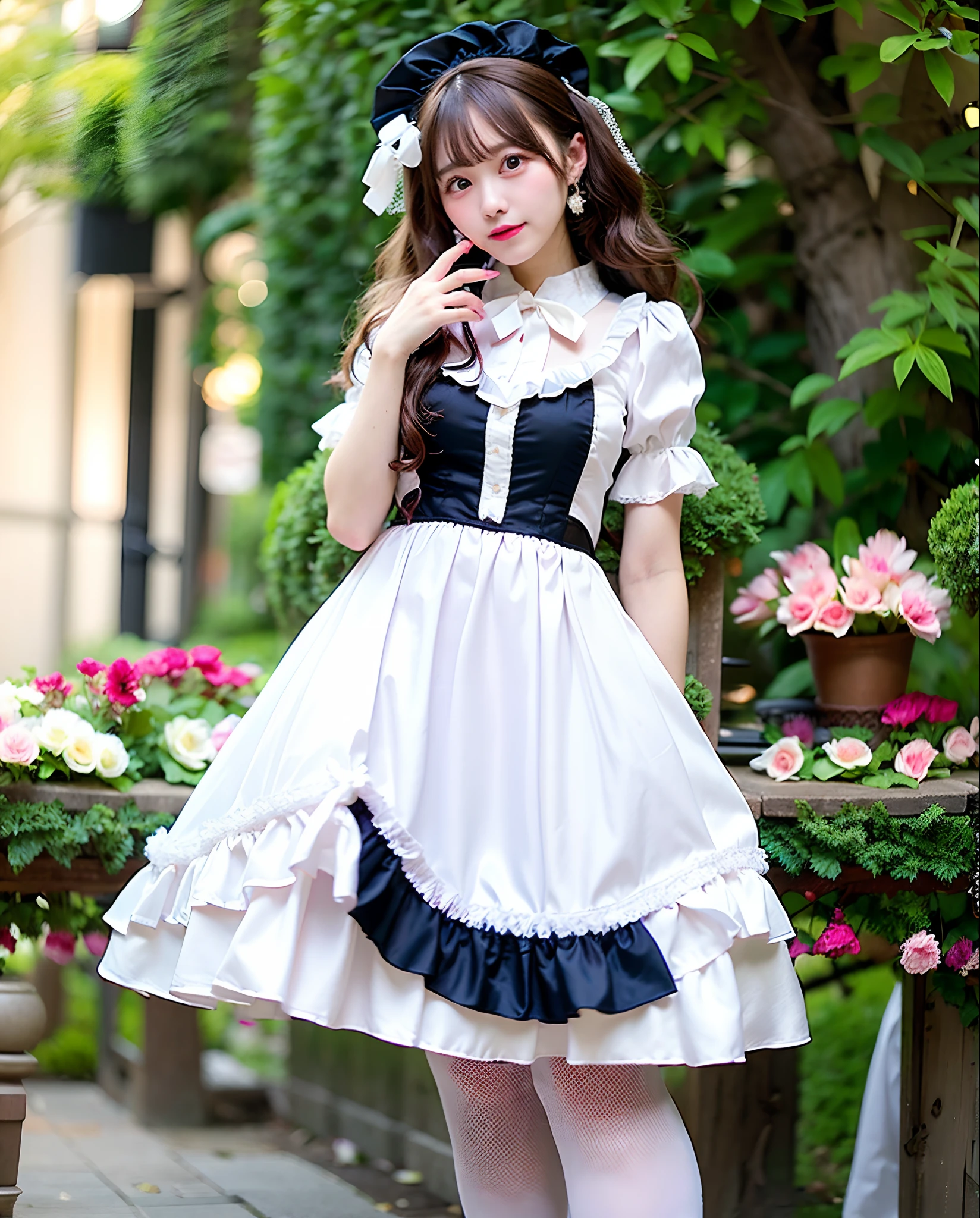 Arafe girl in pink satin dress and white hat is taking pictures, Lolita Fashion, Lolita style, rococo ruffles dress, victorian gothic lolita fashion, rococo dress, black gothic lolita dress, maid dress, victorian dress, loli in dress, victorian inspired clothing, victorian style costume, Lolita, frilly outfit, portrait of the magical Lolita girl