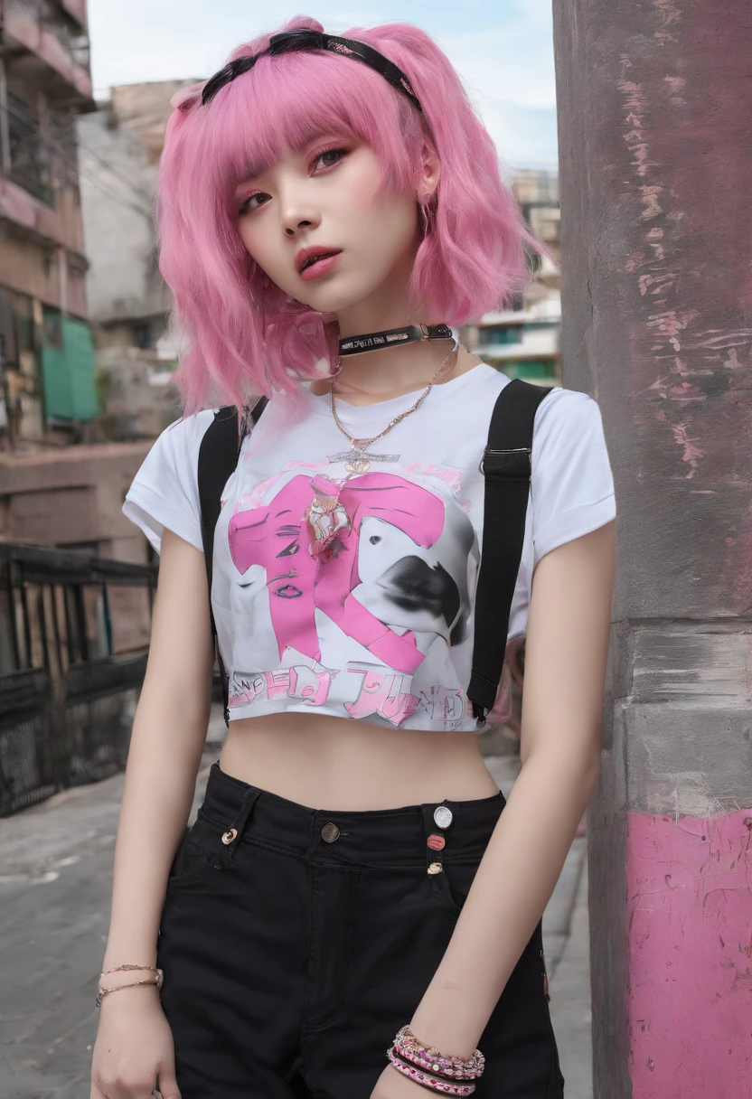tomboy girl, pink short messy fade cut hair, emo, jugging pants, long big plain black t shirt(no print style, just plain), cute pose, tatoo, sit pose