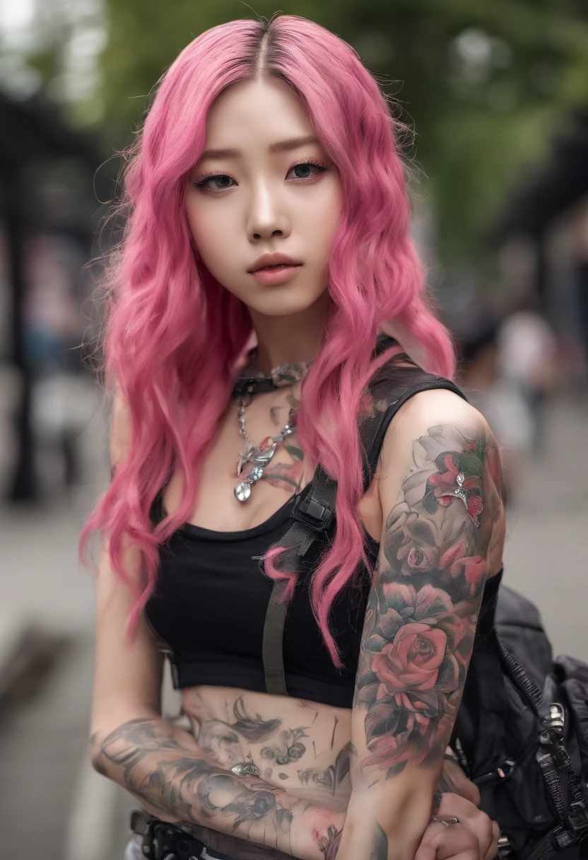 A beautiful Korean girl，Long pink hair，Tattooed with，full bodyesbian，Wearing a punk collar，Wear a black sleeveless punk bandeau，Wear ultra-short punk hot pants，Wear Martin boots，Bad girl，s the perfect face，Put on light makeup，Wear a ruby ring，Cool and funky style，Rapper，Have on the street，Ultra photo realsisim，8K