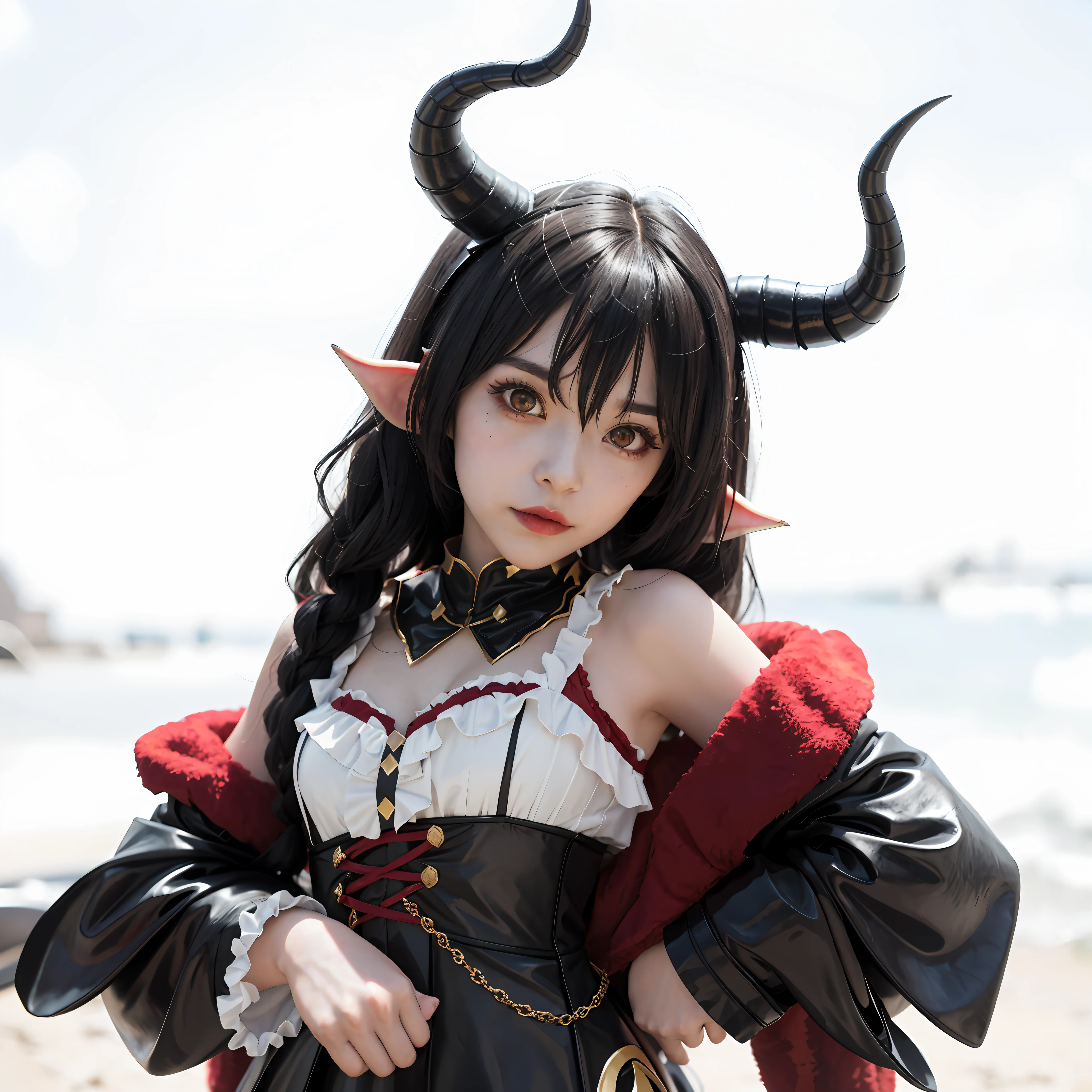 there is a woman dressed in a costume with horns and horns, anime cosplay, anime girl cosplay, with horns, cosplay photo, ornate cosplay, cosplay, mika kurai demon, professional cosplay, with black horns instead of ears, cosplayer, captured on canon eos r 6, full-cosplay, horns and red eyes, cosplayer dressed like a crab, rin