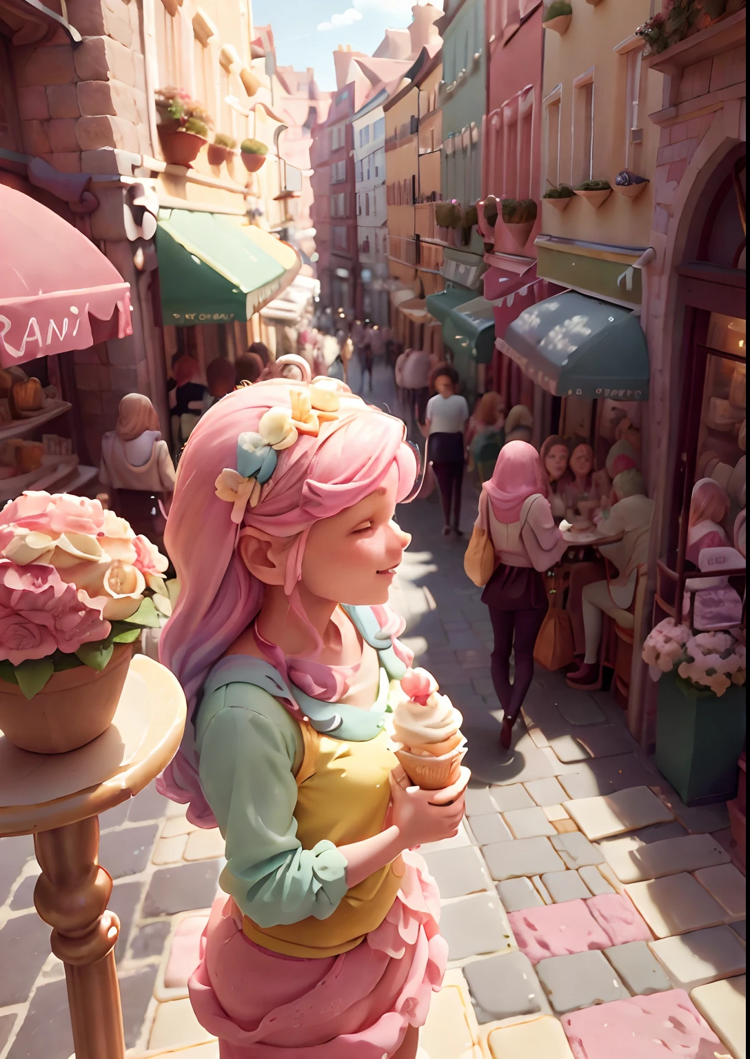 Stable Diffusion prompt:
colorful Gelato-style street view from a high vantage point, vibrant buildings and facades, charming cobblestone streets, bustling with people, lively atmosphere, intricate architectural details, dangling flower pots, bustling cafes with outdoor seating, mouthwatering gelato flavors, joyful expressions on people's faces, sunny and clear blue sky, warm and inviting summer vibes, sparkling sunlight casting long shadows, picturesque scenery, a blend of pastel and bold colors, inviting aromas of freshly brewed coffee, laughter and conversations filling the air, a dreamy and whimsical ambiance, gelato shops with colorful displays, cheerful street performers, delightful surprises around every corner, a feast for the senses, an idyllic representation of gelato culture and city life.
(best quality, 4k, highres, photorealistic), detailed textures, vibrant color palette, exquisite fine details, lively street scene, stunning architectural craftsmanship, realistic lighting, dreamlike atmosphere, gelato-inspired art style.